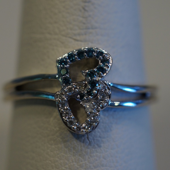 Jewelry - 10KW Gold Genuine Blue/White Diamond 2 Heart Ring